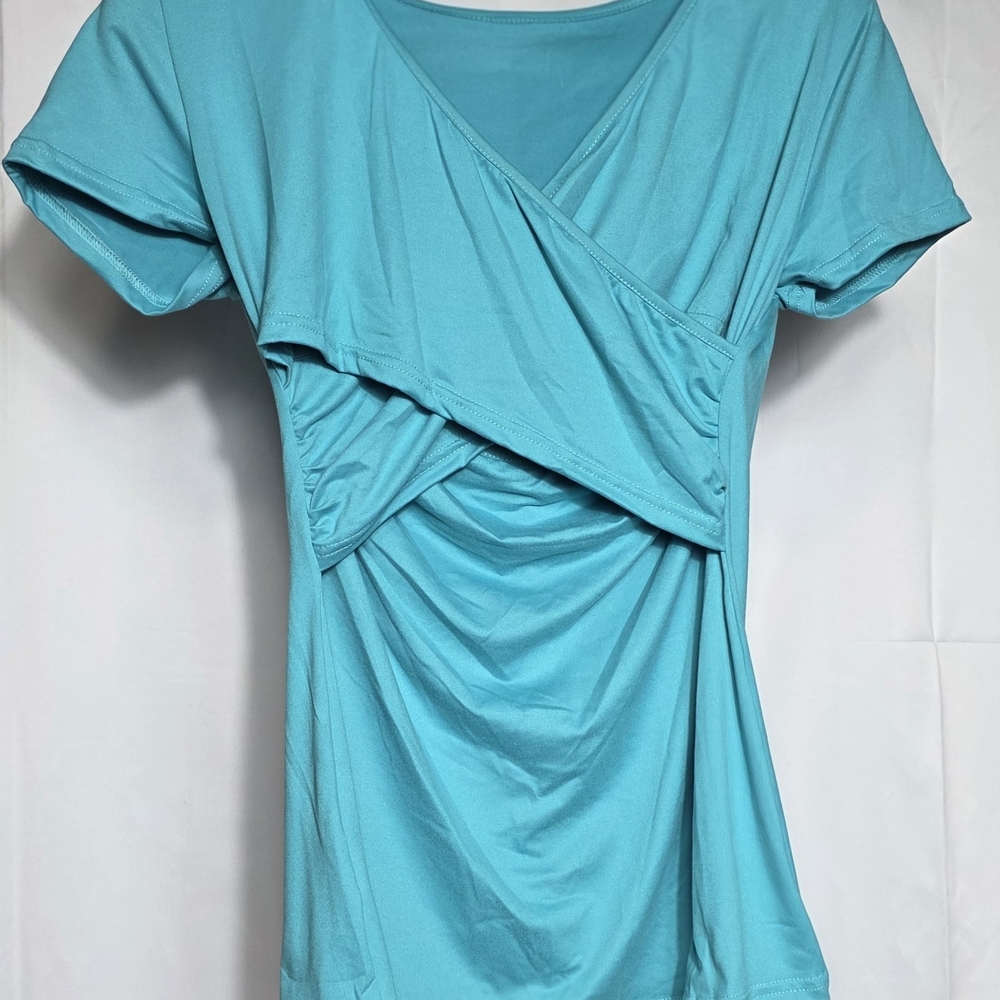 Women's Bright Turquoise Front Ruched Wrap Short Sleeve Shirt Top